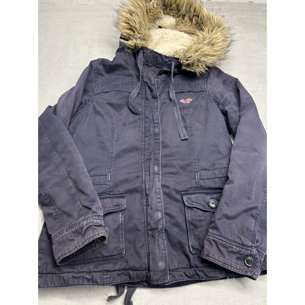 Hollister Navy Blue Sherpa Lined Utility Parka Jacket Faux Fur Hood Large Y2K
